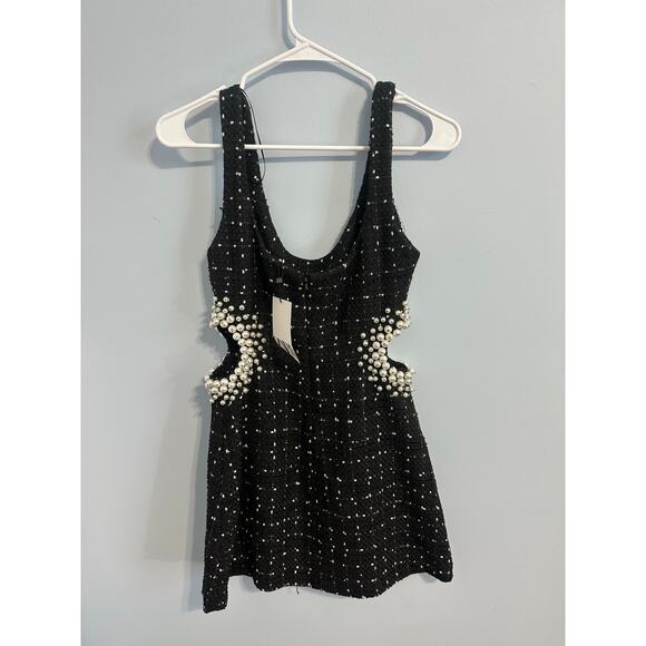 Zara NWT Tweed Textured Weave Cut Out Pearl Dress Black White Mini Sz XS - Picture 4 of 7